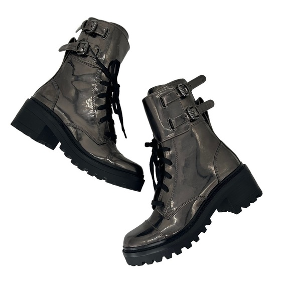 NWT DKNY Bart Combat Boots Size 7 Metallic Patent Gunmetal Mirror Finish in Box - Picture 2 of 9